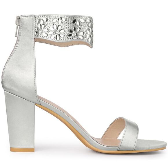 Women's Rhinestone Diamond Decor Crystal Ankle Strap Chunky Heel Sandals Silver - Picture 5 of 5